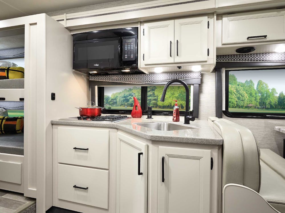 2022 Thor Chateau Class C RV 31E Kitchen - Home Collection™ Estate Grey Ivory Coast Cabinetry