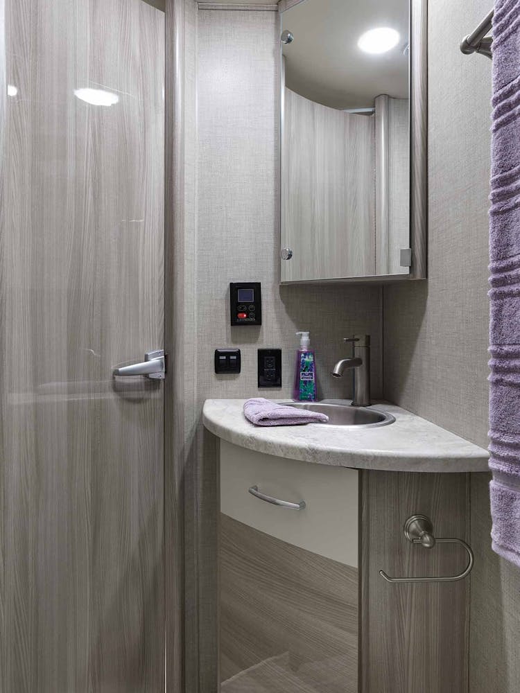 2022 Thor Delano Mercedes Sprinter RV 24TT Bathroom - Black Sable Luxury Grey Cabinetry