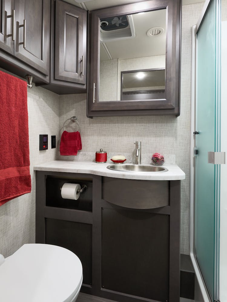 2022 Thor Pasadena Mega C™ Diesel RV 38BX Bathroom - Long Beach Decor Regatta Cabinetry