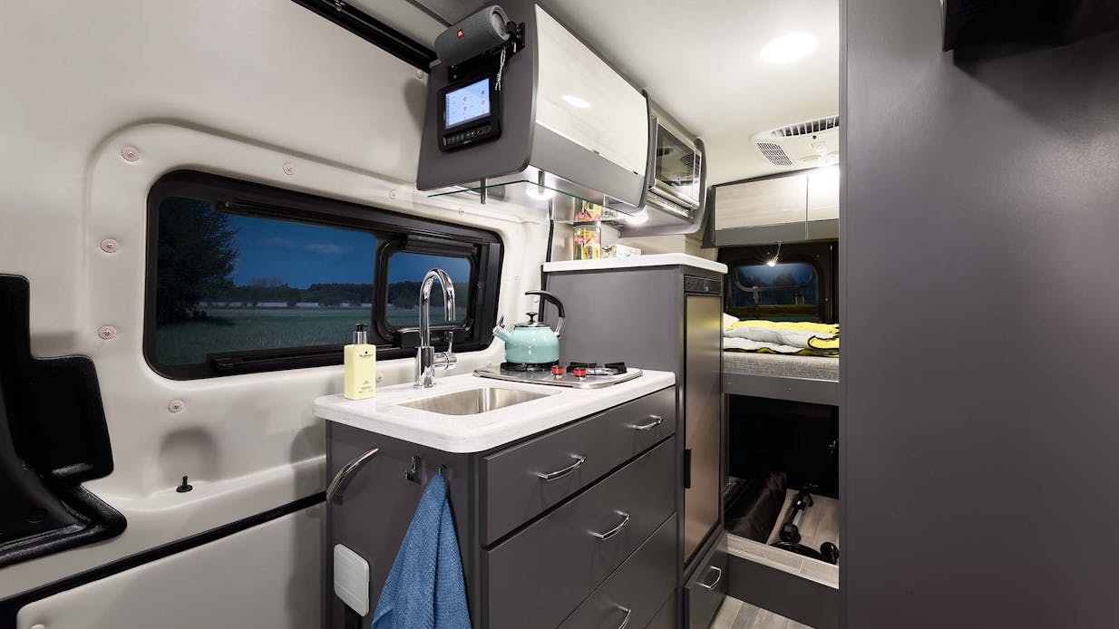 2022 Thor Sanctuary Class B RV 19L Kitchen - Metallic Gray Metallic Gray Cabinetry - Sprinter Van