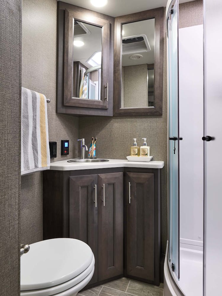 2022 Omni Class C RV RS36 Bathroom - Black Diamond Regatta Cabinetry