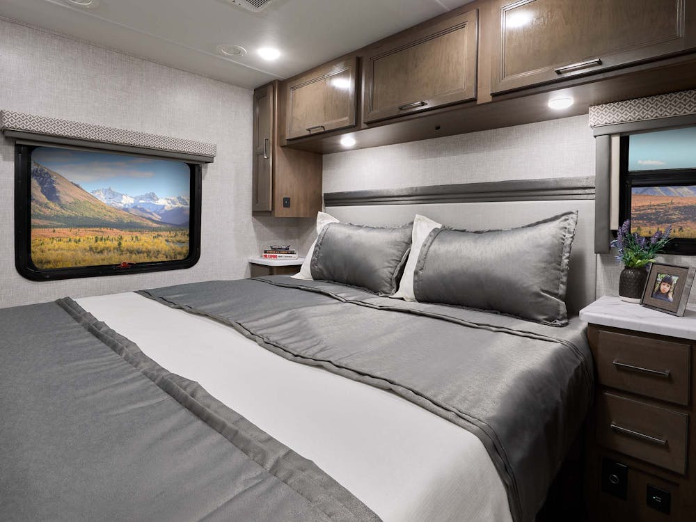 2022 Thor Hurricane Class A RV Bedroom - Silver Strand Carolina Cherry Cabinetry
