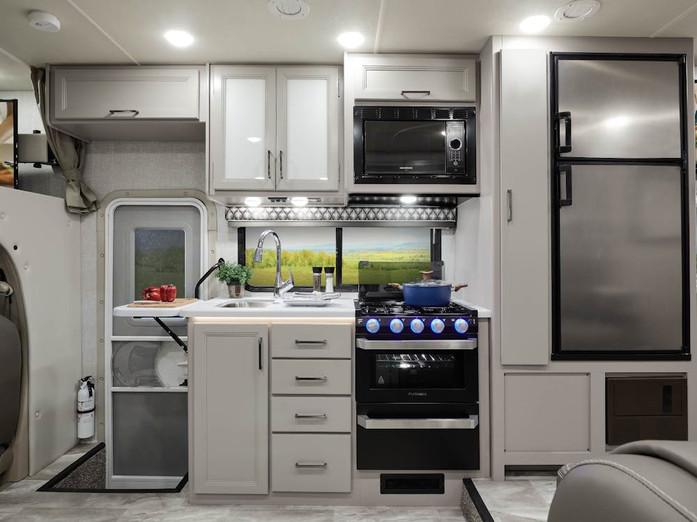 2022 Thor Echelon LC Class C RV LC25 Kitchen - Luxury Collection™ Charcoal Diamond Coastline Grey Cabinetry