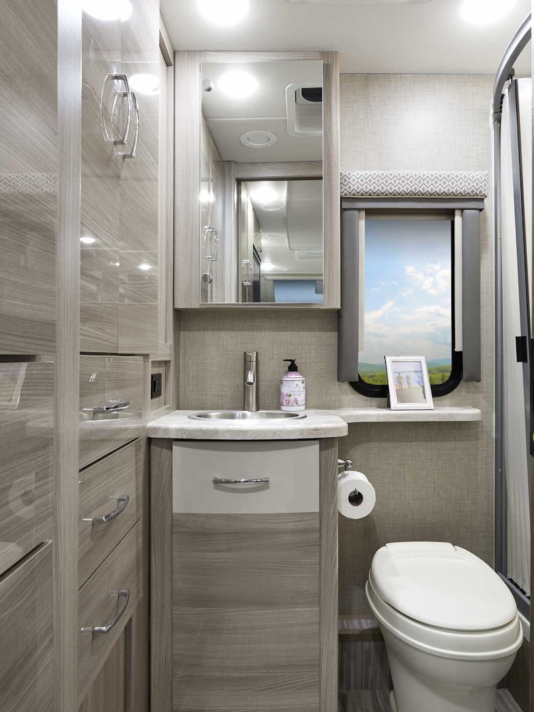 2023 Thor Tiburon Mercedes Sprinter RV 24FB Bathroom - Silver Strand Miami Modern Cabinetry