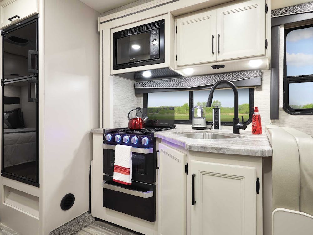 2022 Thor Four Winds Class C RV 28Z Kitchen - Home Collection™ Estate Grey Ivory Coast Cabinetry