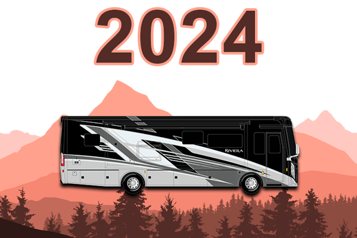 2024 Riviera cloud cover exterior surrounded by orange mountains and trees