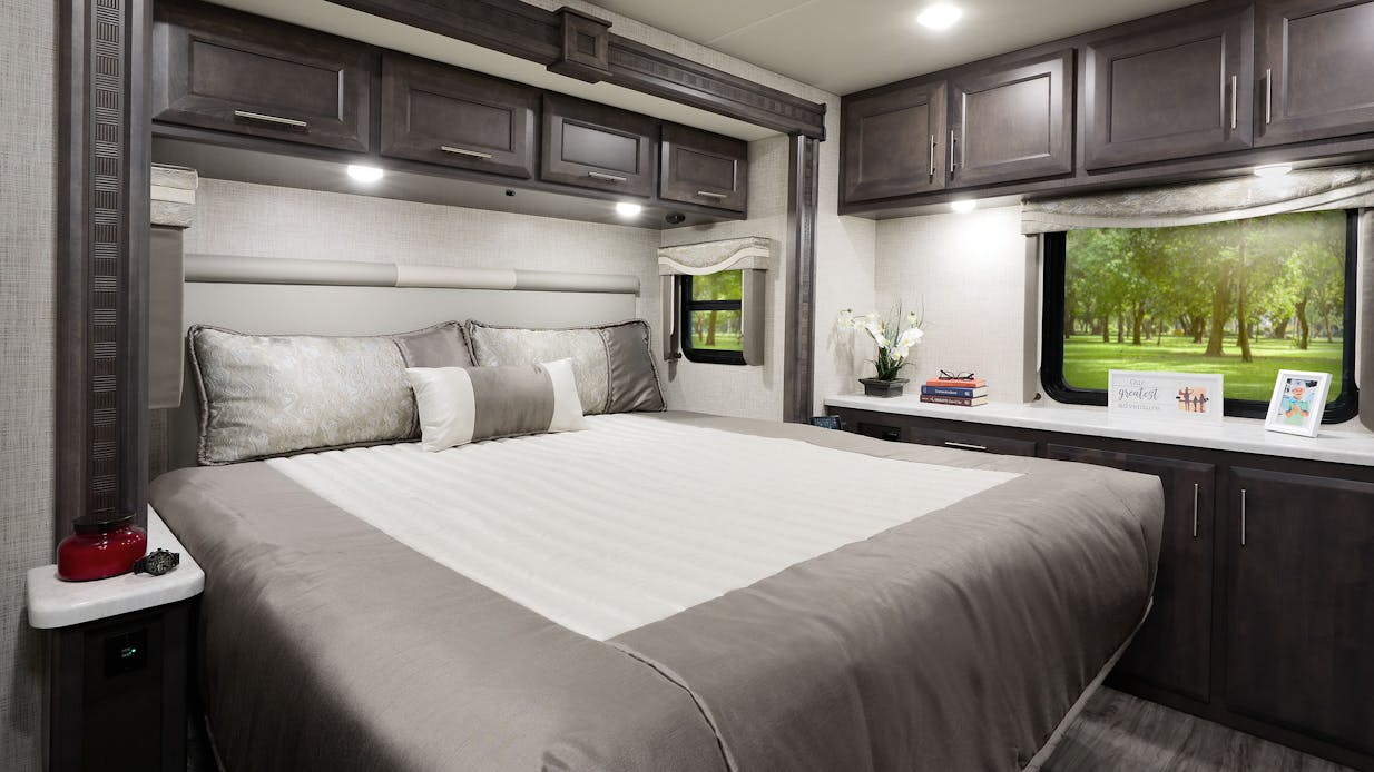 2022 Thor Pasadena Mega C Diesel RV 38BX Tilt-A-View® Bedroom - Long Beach Decor Regatta Cabinetry