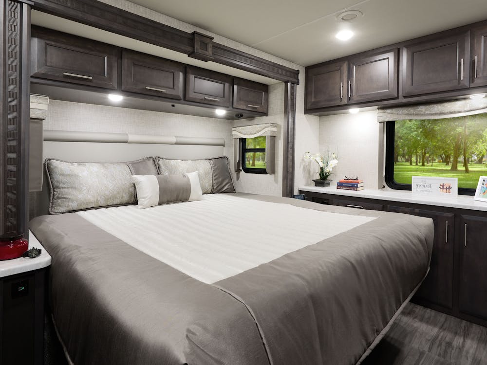 2022 Thor Pasadena Mega C™ Diesel RV 38BX Tilt-A-View® Bedroom - Long Beach Decor Regatta Cabinetry