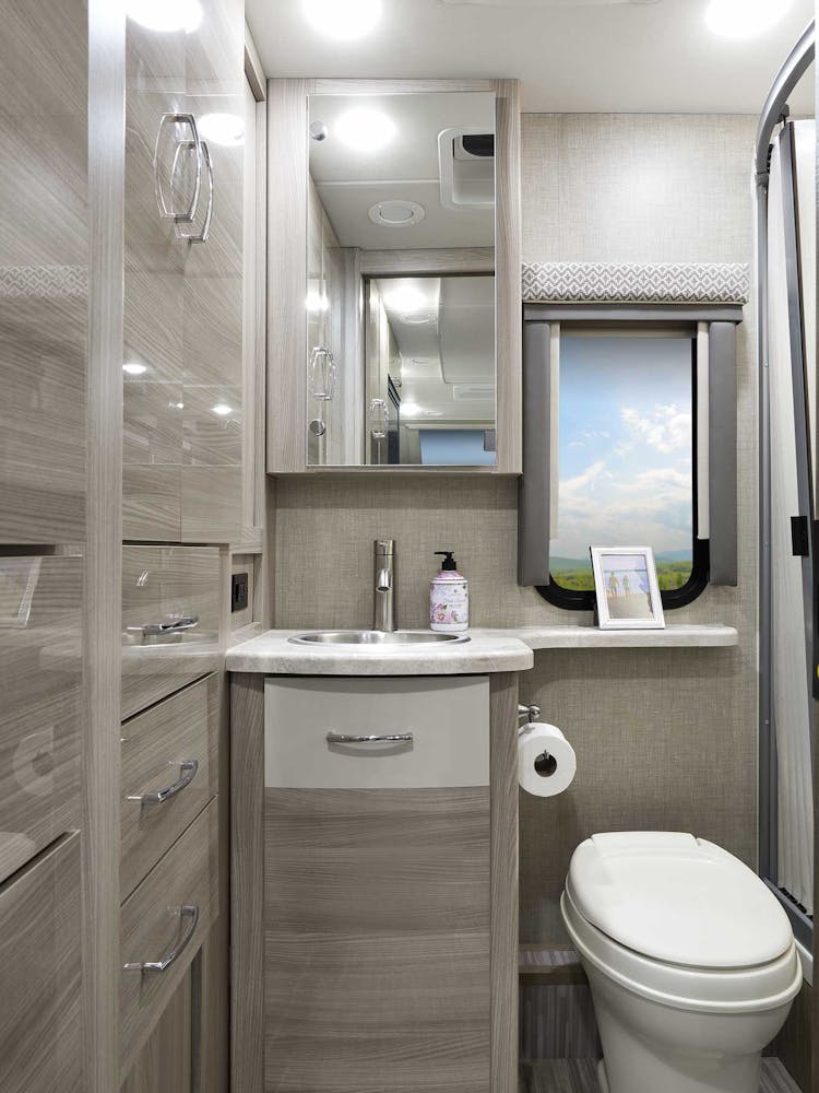 2022 Thor Tiburon Mercedes Sprinter RV 24FB Bathroom - Silver Strand Miami Modern Cabinetry