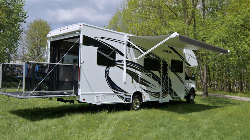 2022 Thor Outlaw Class C Toy Hauler RV Lifestyle garage patio down slider toy haulers page