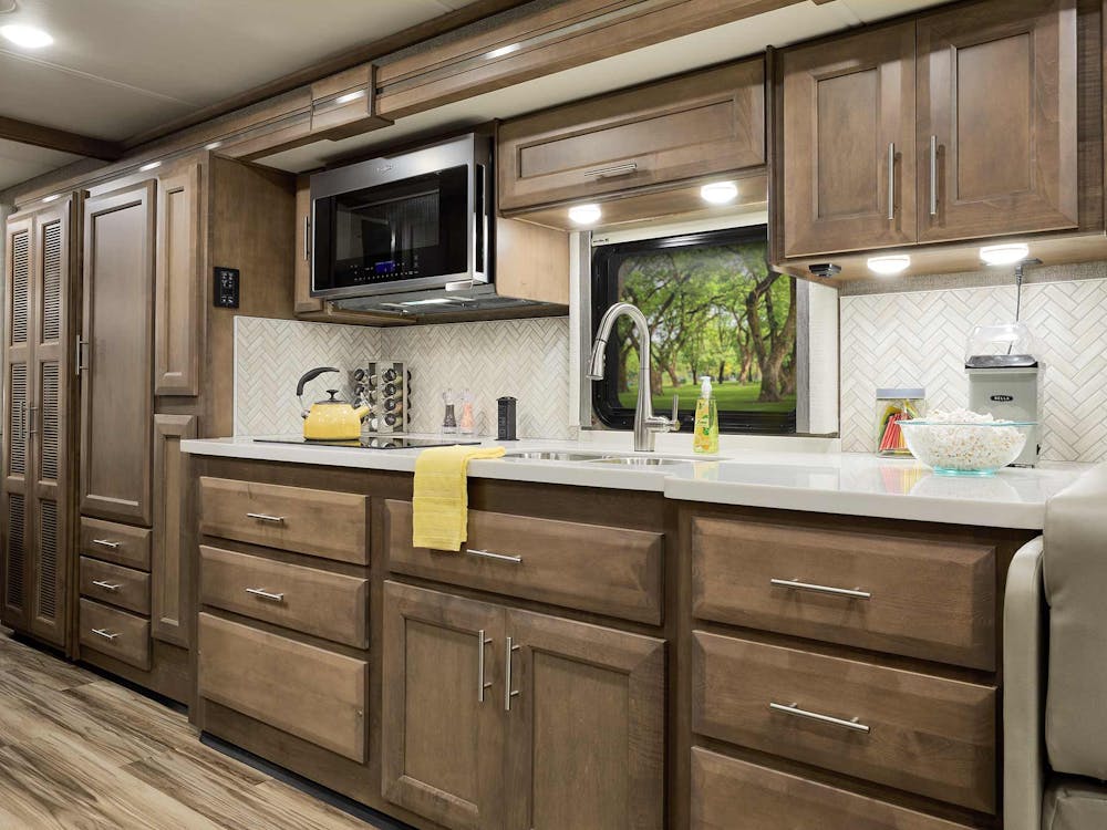 2022 Thor Palazzo Class A Diesel Pusher RV 33.6 Kitchen - Studio Collection™ Pantera Sanibel Cabinetry