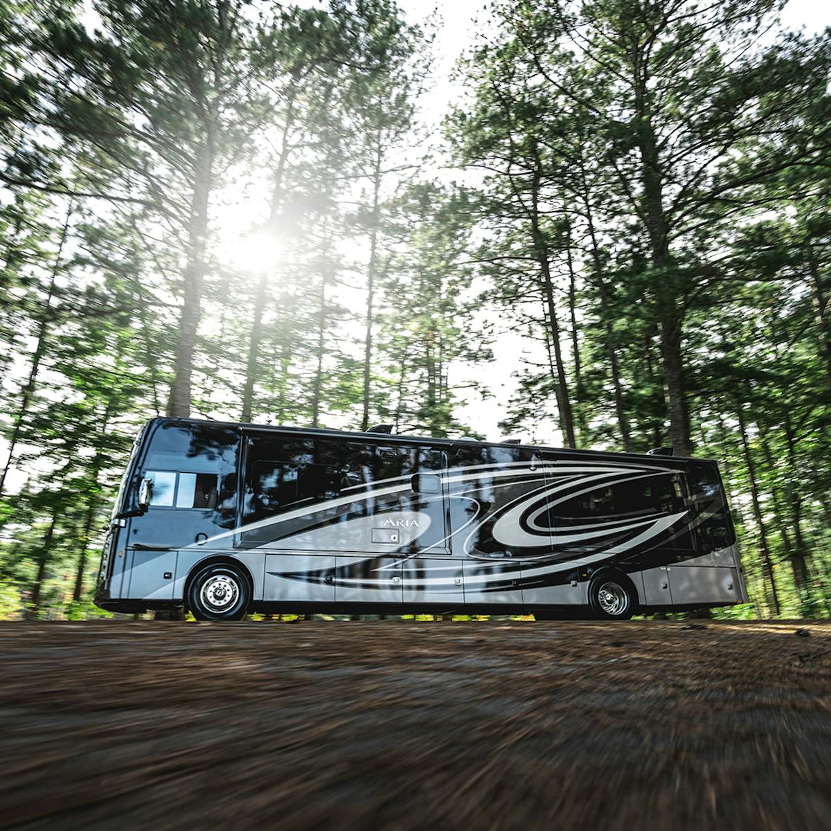 Aria diesel pusher motorhome in woods