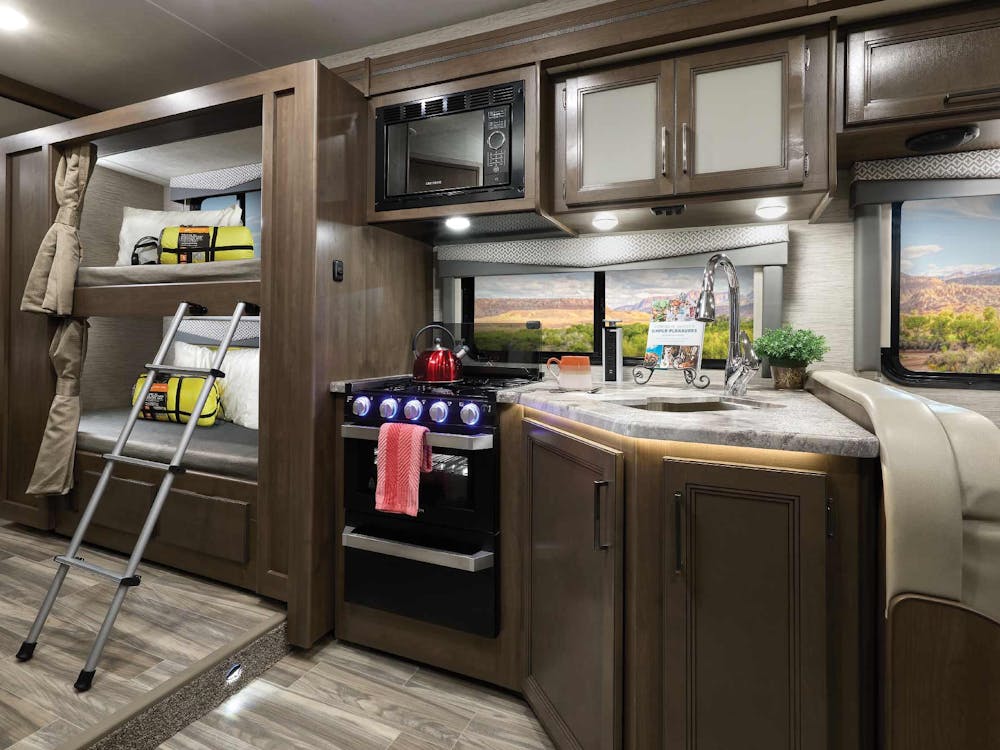 2022 Thor Four Winds Class C RV 31EV Kitchen and Bunk Beds - Silver Strand Carolina Cherry Cabinetry