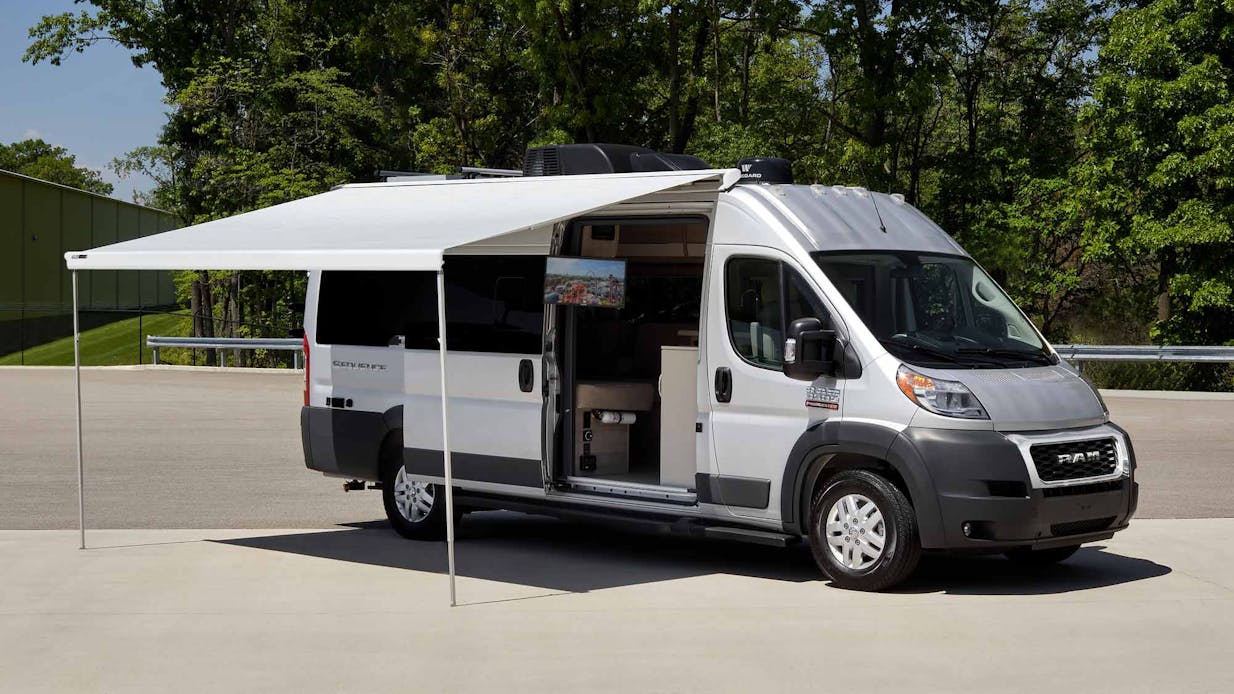 2022 Sequence Class B Camper Van RV Silver Full Body Paint Exterior Thule® Awning extended lifestyle