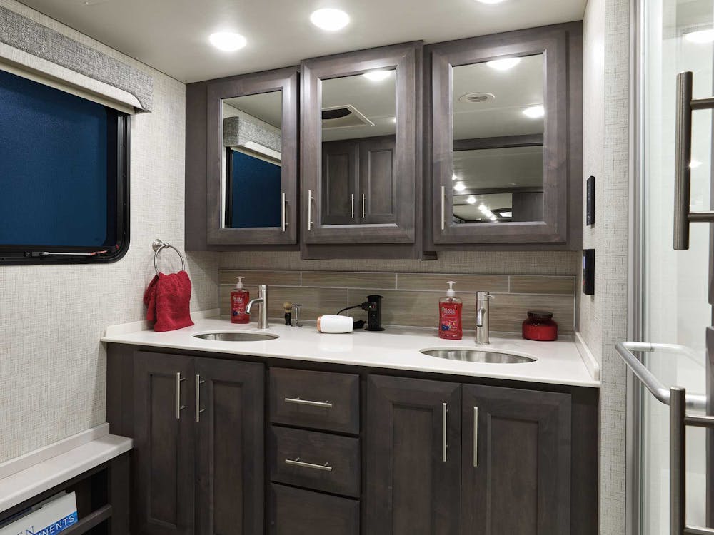 2022 Thor Aria Class A Diesel Pusher RV 3901 Dual Vanity Bath - Studio Collection™ Como Regatta Cabinetry