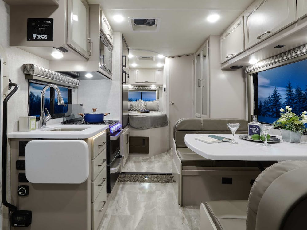 2022 Thor Echelon LC Class C RV LC22 Front to Back - Luxury Collection™ Charcoal Diamond Coastline Grey Cabinetry