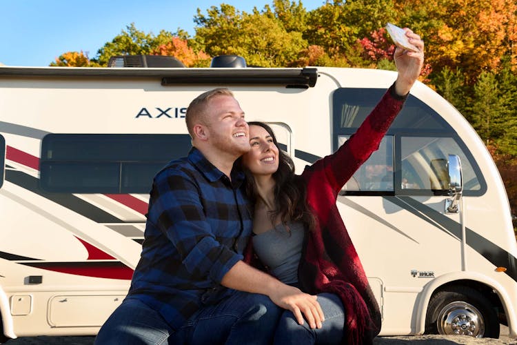 2022 Thor Axis Class A RV Lifestyle Photo tennessee photo shoot couple taking selfie