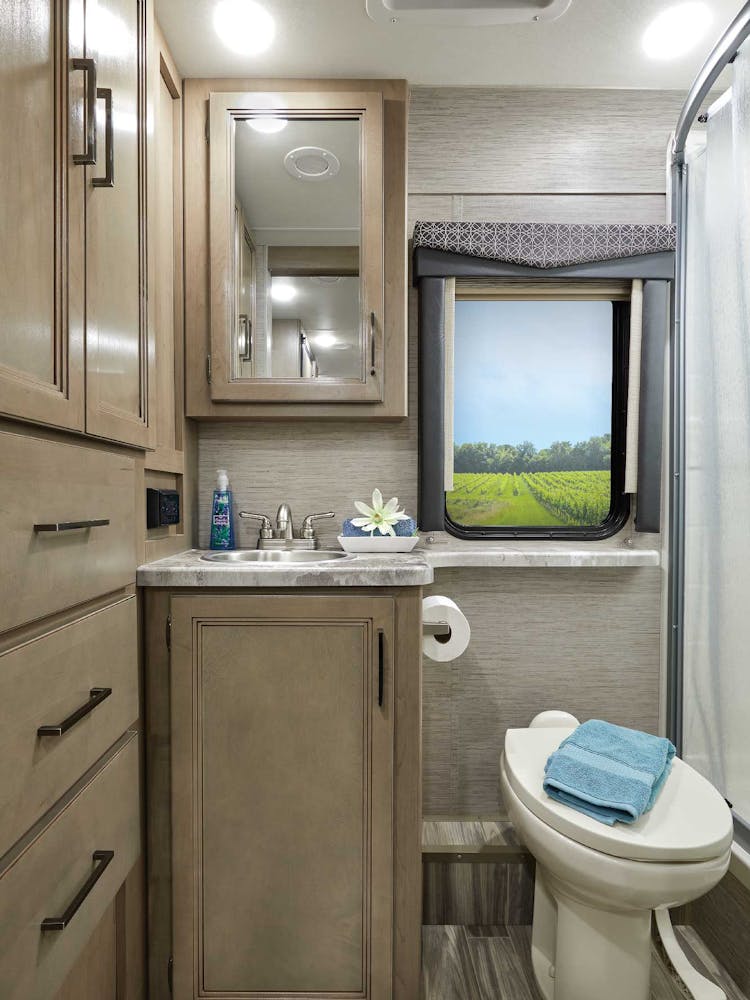 2022 Thor Four Winds Class C RV 25M Bathroom - Nautical Blue Irish Maple Cabinetry