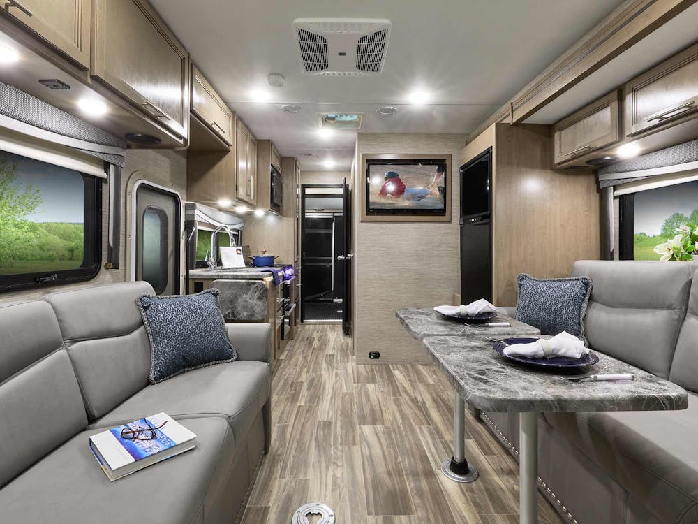 2022 Thor Outlaw Class C Toy Hauler RV 29J Front to Back - Street Blues Irish Maple Cabinetry