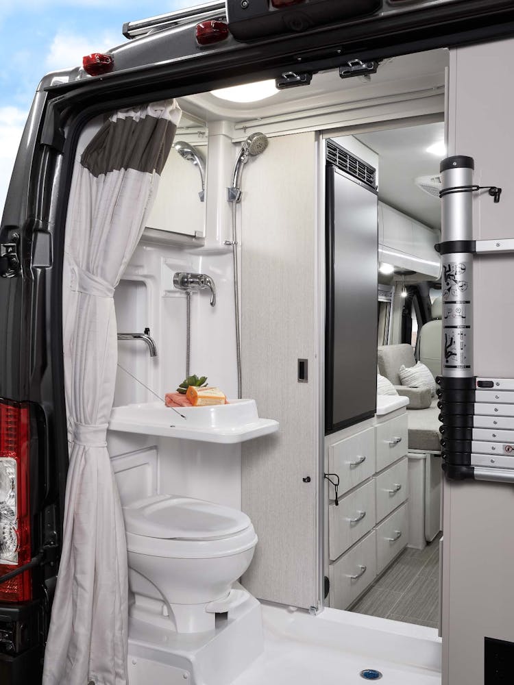 2021 Thor Tellaro Class B RV 20K Bathroom - Crisp Linen Modern White Cabinetry