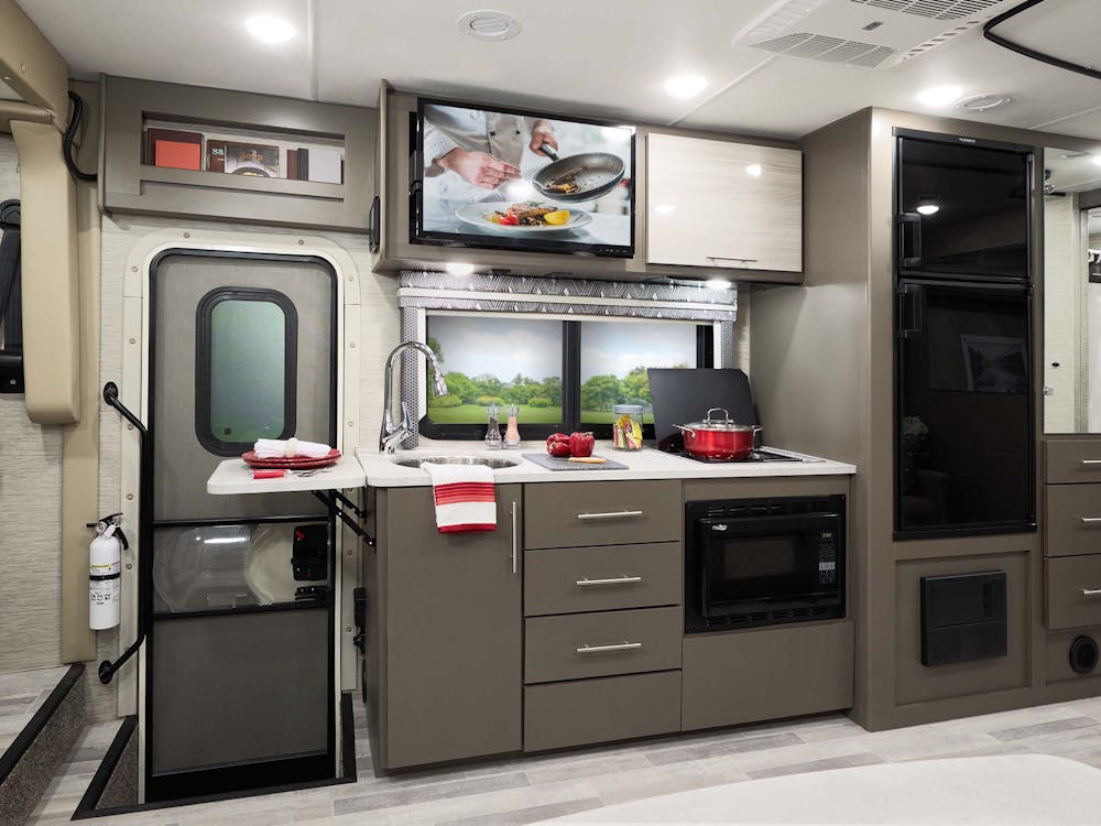 2022 Thor Axis Class A RV 24.4 Kitchen - Liquid Mercury Silver Oak Cabinetry