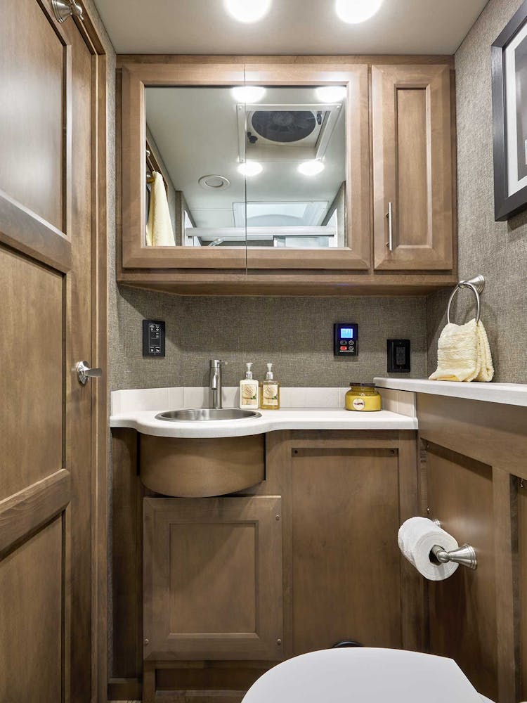 2022 Thor Palazzo Class A Diesel Pusher RV 33.6 Bathroom - Studio Collection™ Pantera Sanibel Cabinetry
