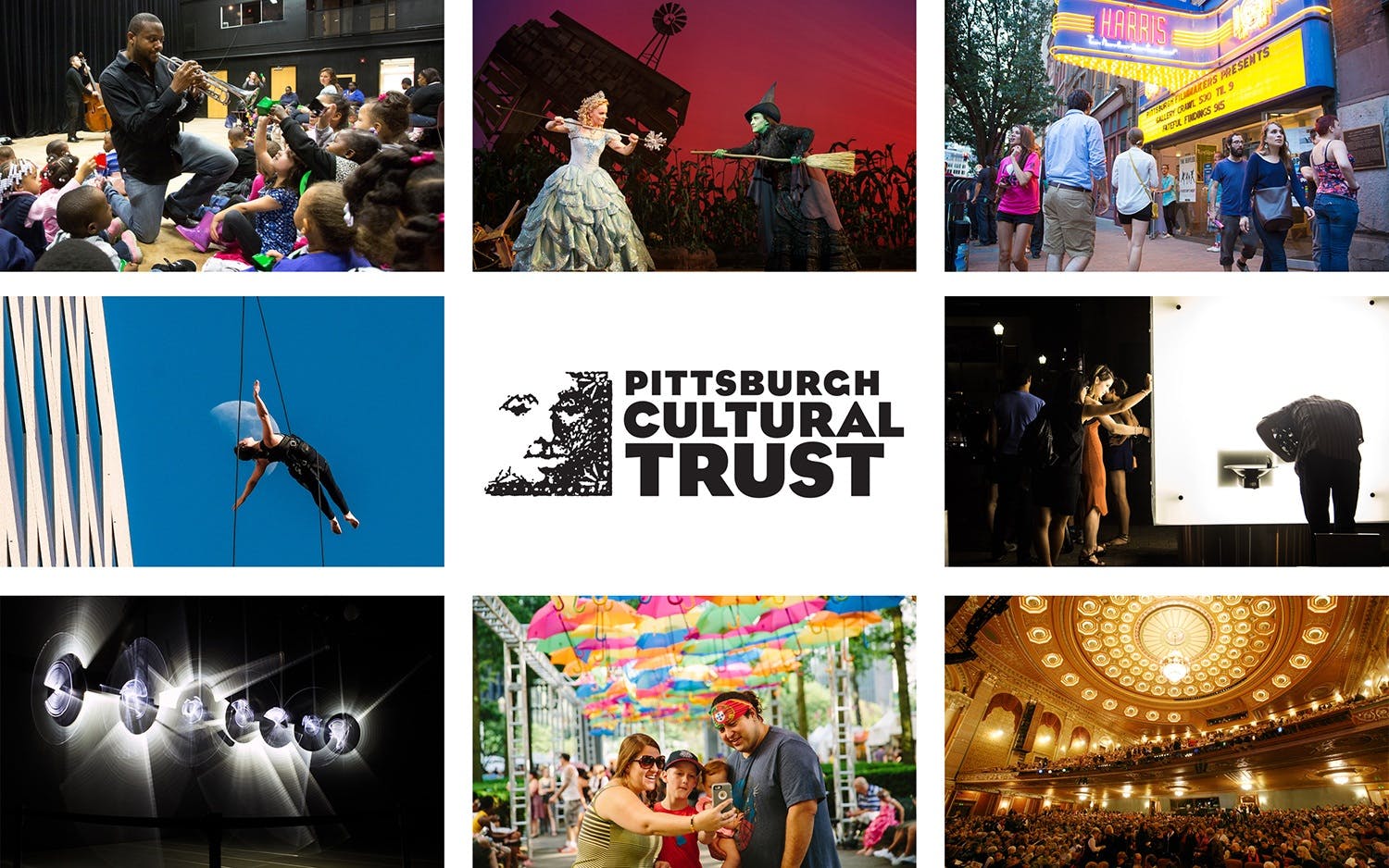 The Pittsburgh Cultural Trust logo surrounded by 8 photos of Trust-related activities. The photos feature a man playing the trumpet, a production of the Wizard of Oz, an aerialist, and people approaching a box office.