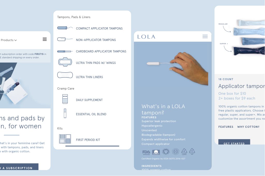 Four mobile screenshots of the LOLA online store; homepage hero, navigation with illustrations, about LOLA screen and product page.