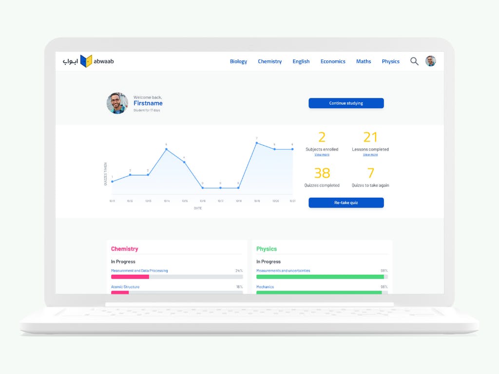 Image of a laptop showing the student progress interface on the Abwaab learning platform