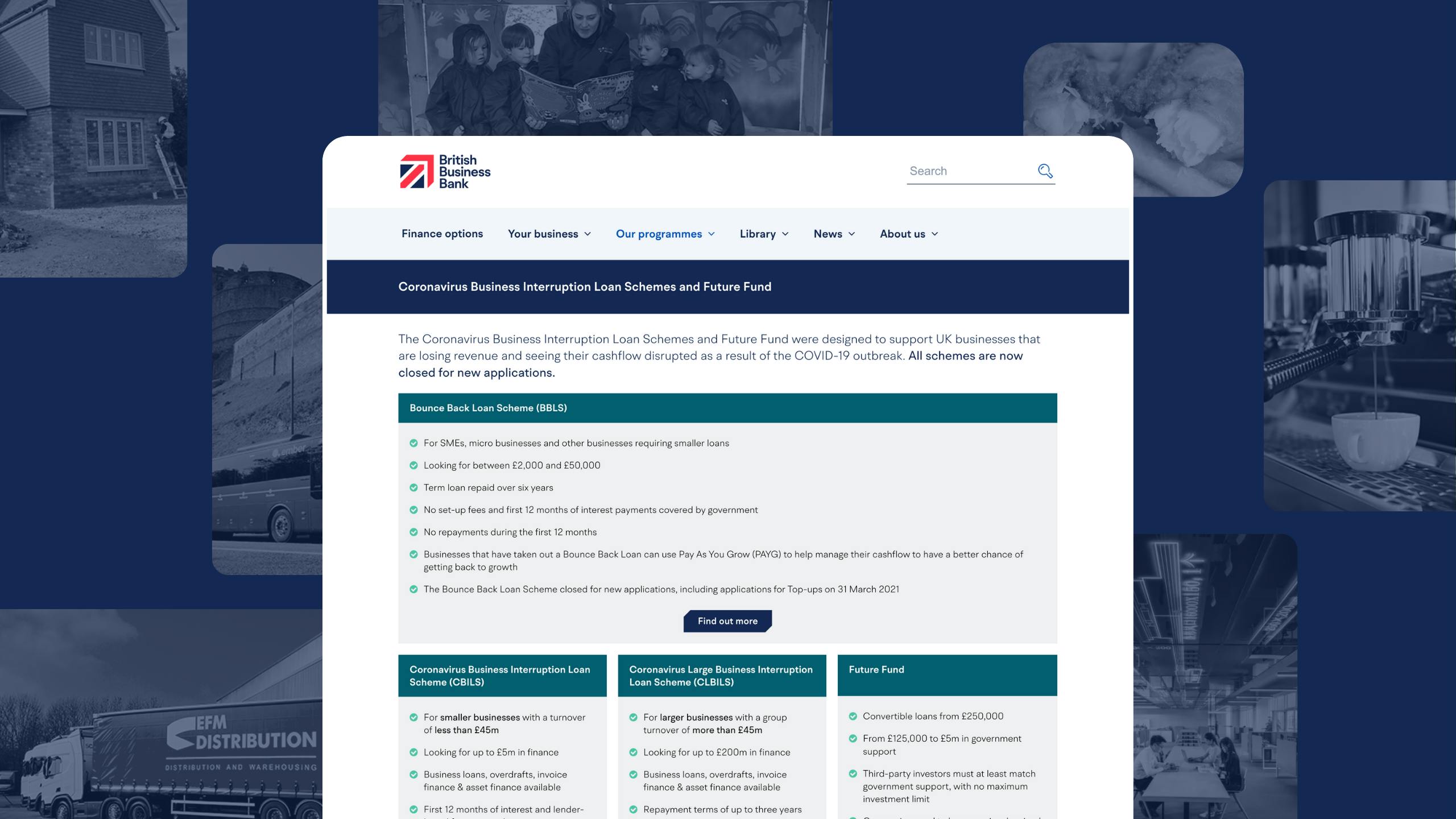 A screenshot of the British Business Bank's website opened to the "Coronavirus Business Interruption Loan Schemes and Future Fund" page.