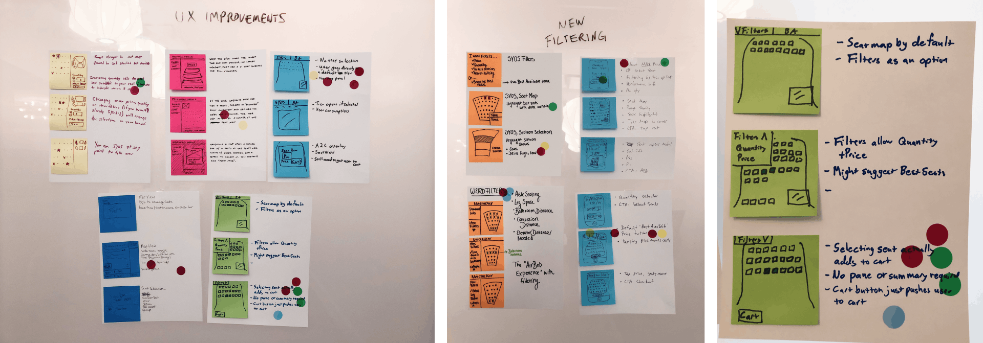 Three photos from the Pittsburgh Cultural Trust design sprint; storyboard sketches arranged on a wall with writing above that says UX Improvements, storyboard sketches arranged on a wall with writing above that says New Filtering, green sticky notes with drawings on them and notes to the right of them.