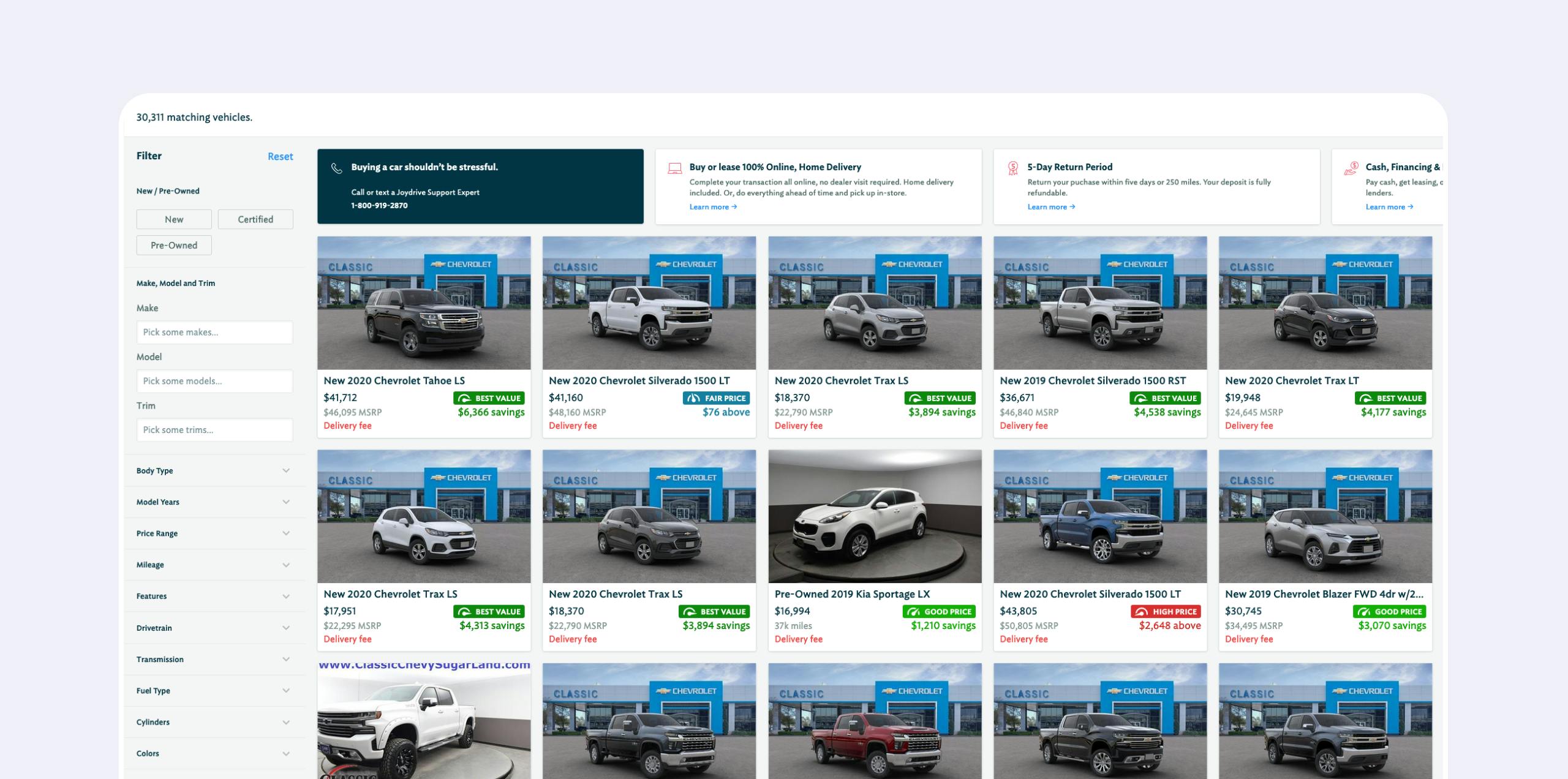 A screenshot of the Joydrive searching for cars interface showing a sidebar with filters and a grid view of cars