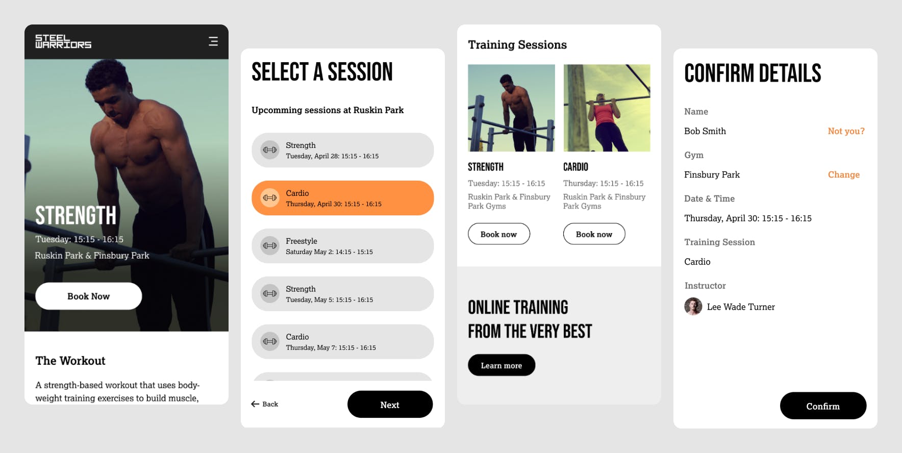Four screens from the Steel Warriors project; Strength exercise screen, select a session screen, additional training screen, confirm details screen