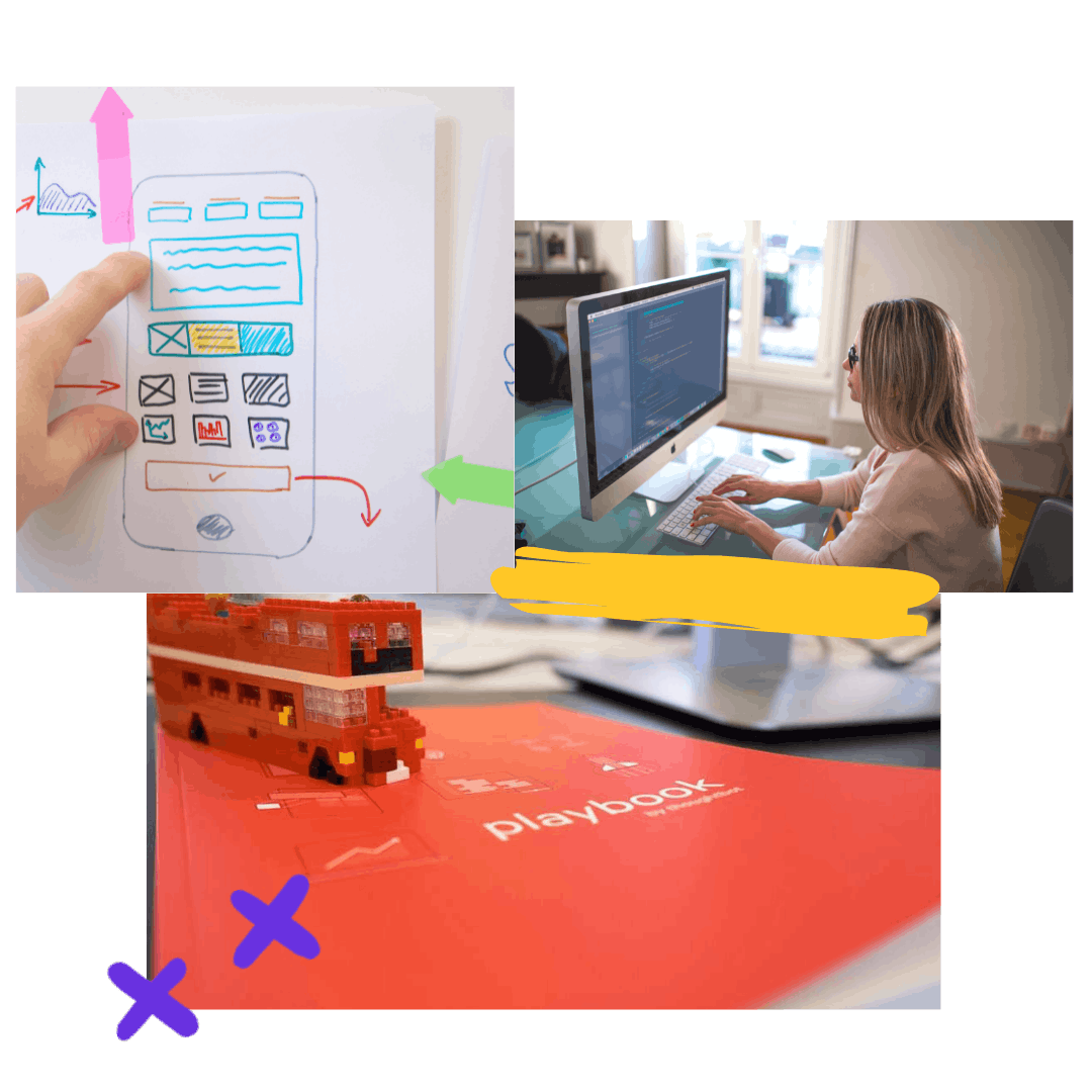 a collage displaying a person working at a desktop computer, a mockup for a mobile interface, and a bound copy of thoughtbot's playbook