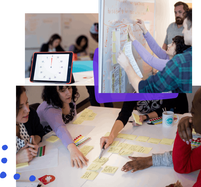Photo collage with handdrawn elements; from top left a time timer with only a few seconds left, people pinning up sketches during a design sprint, people discussing different ideas 