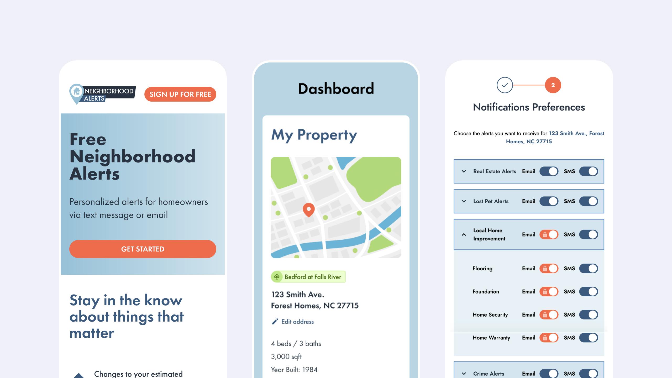 Three screenshots of the Neighborhood Alerts product. Shows the website homepage, a dashboard, and notification preferences.