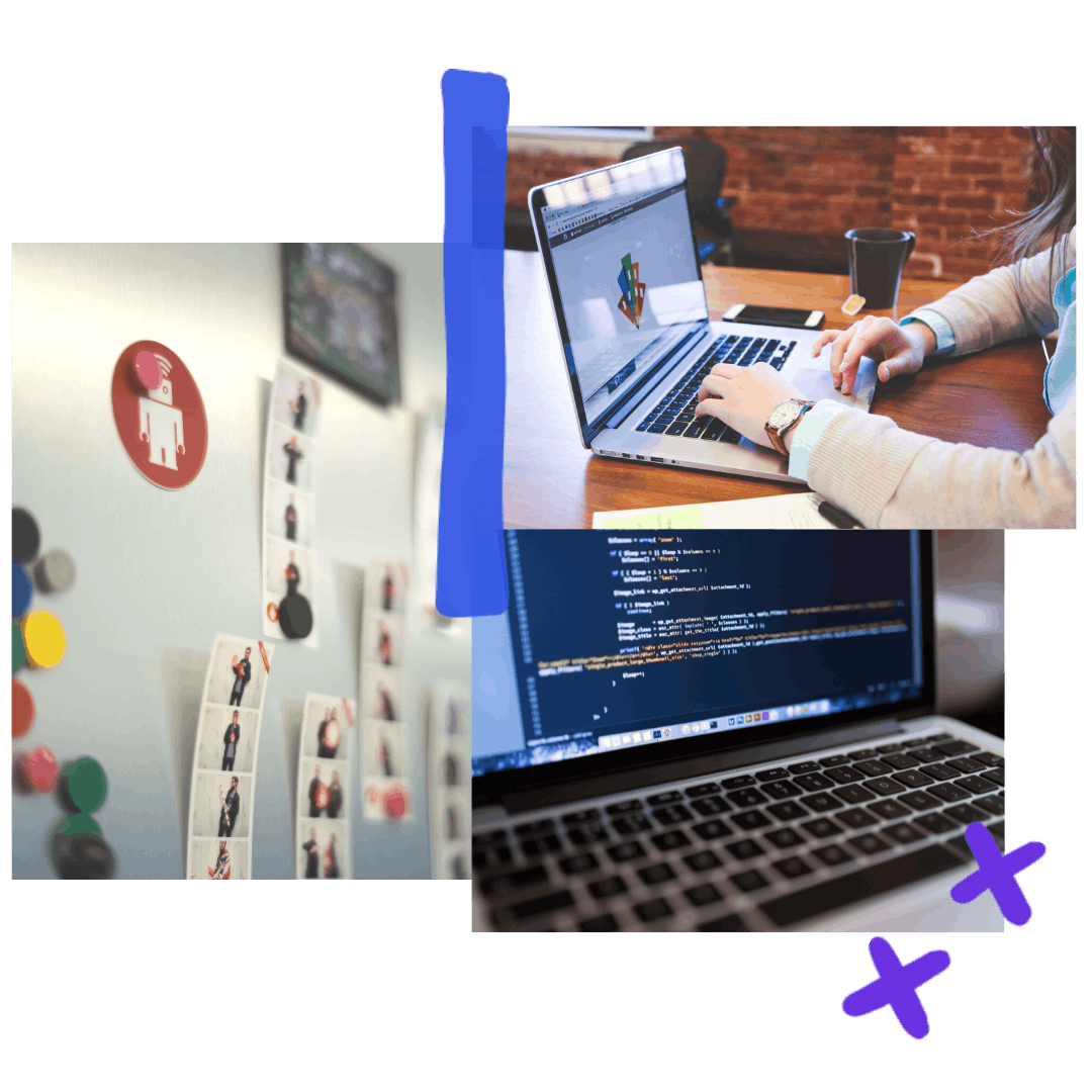 A collage of 3 images: the thoughtbot logo and photostrips on a fridge, hands typing on a laptop, and a closeup of a laptop screen with code.