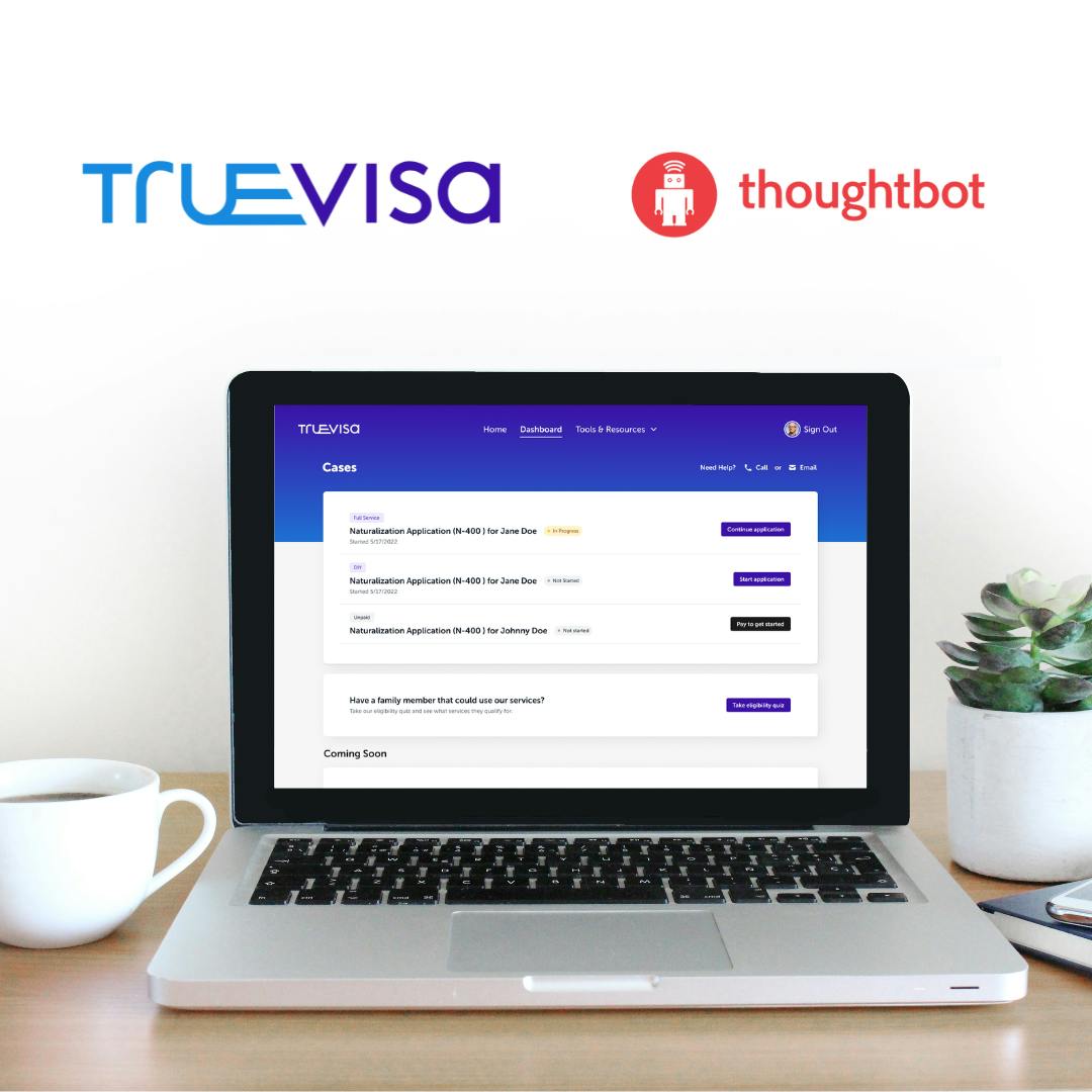 thoughtbot and TrueVisa logos over an open laptop on a desk with a coffee cup and plant. The screen shows the TrueVisa product website. 