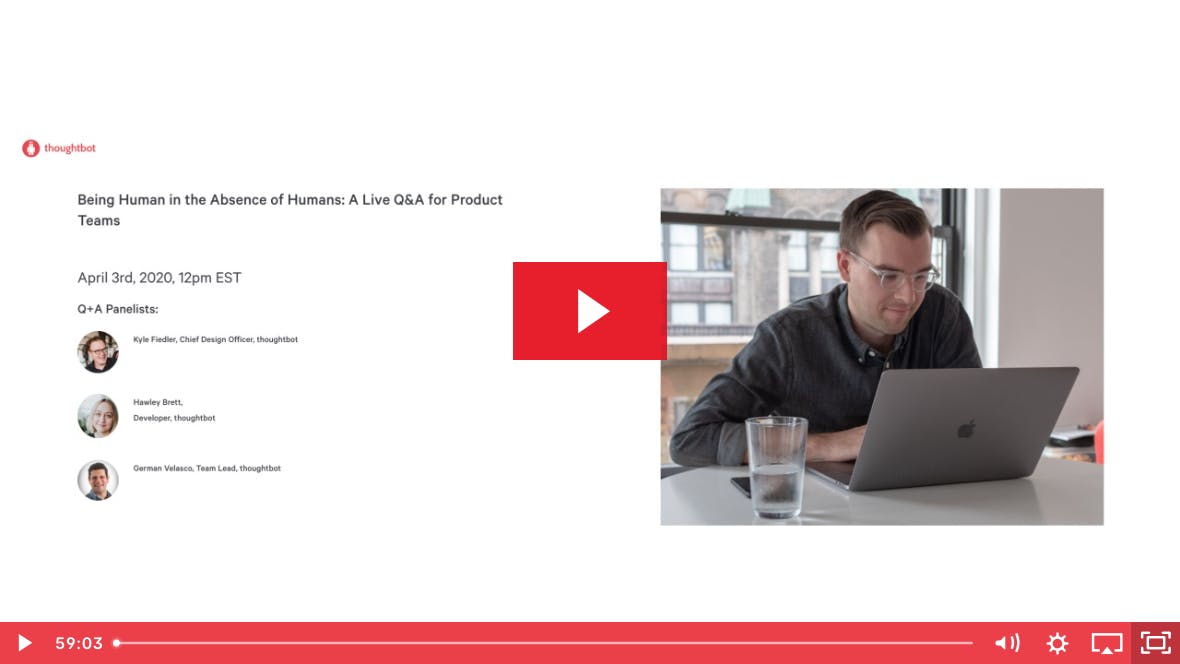 Screenshot of a slide with image of a product manager working on laptop and portraits of panelists Kyle Fiedler, Hawley Brett, and German Velasco
