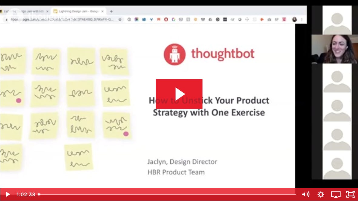 Screenshot of a slide and Jaclyn Perrone video; slide text: How to unstick your product strategy with one exercise
