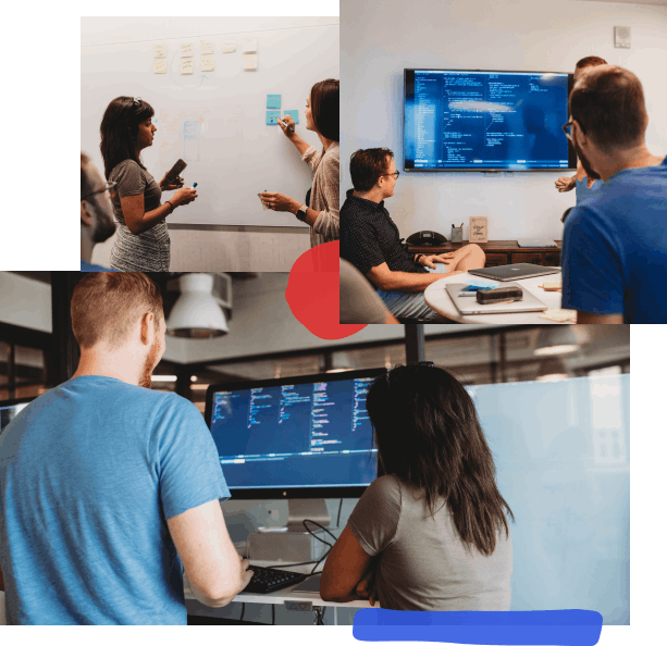 A collage of photos with hand-drawn elements; from top left, two people working at a whiteboard one is pointing at a post-it, three people at a conference table looking at a TV screen with code on it, two people at a desk looking at a screen with code on it