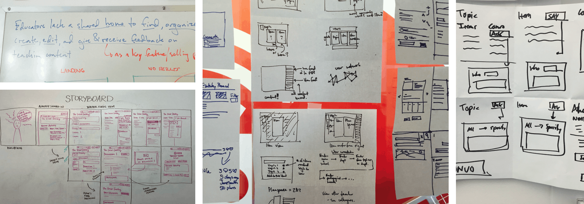 Four photos from the Athena design sprints; A problem statement on a whiteboard, a storyboard of a series of screens on a whiteboard, two photos of crazy eights being hung up.
