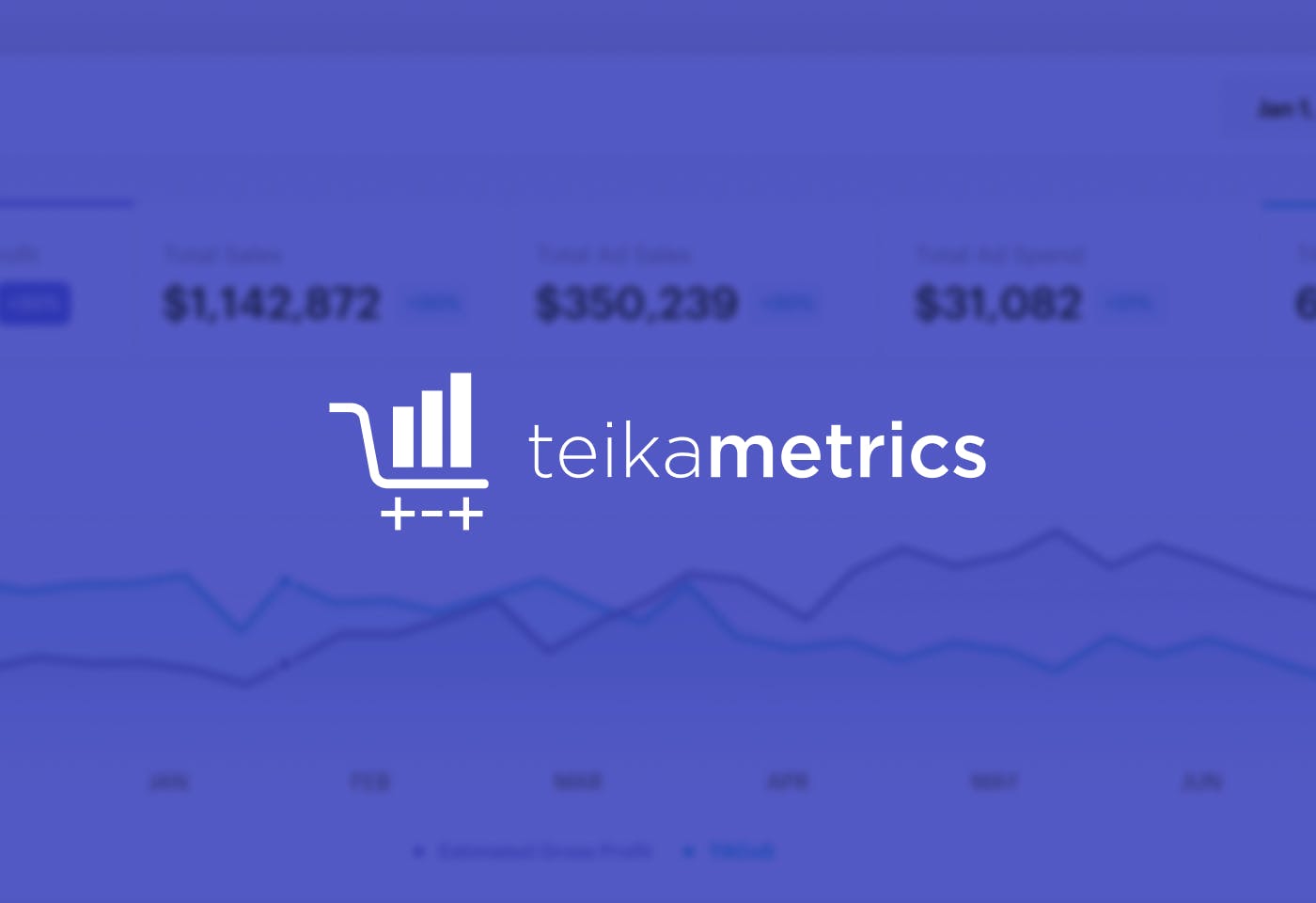 The Teikametrics logo on a purple background with an image of the application blurred out behind it.