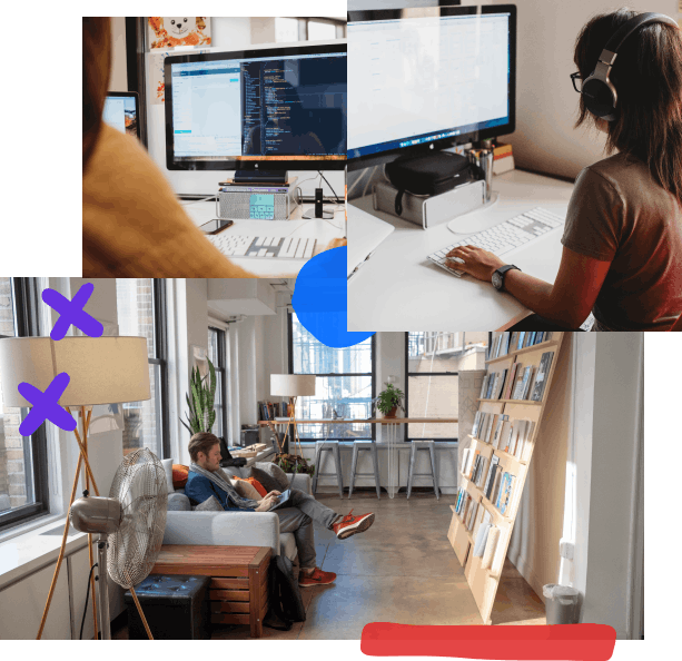 A collage of photos with hand-drawn elements; from top left, a designer looking at a monitor that is half mock-up half code, a designer typing at their keyboard in-front of a monitor, a person sitting down on a couch working on their laptop in a sunny room in-front of a bookcase