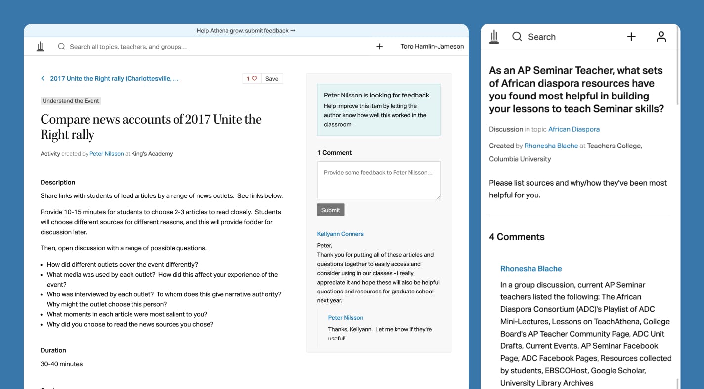 Two screenshots of the Athena application; the first is a notes screen on a larger viewport where the user is requesting feedback, the second is a discussion page.