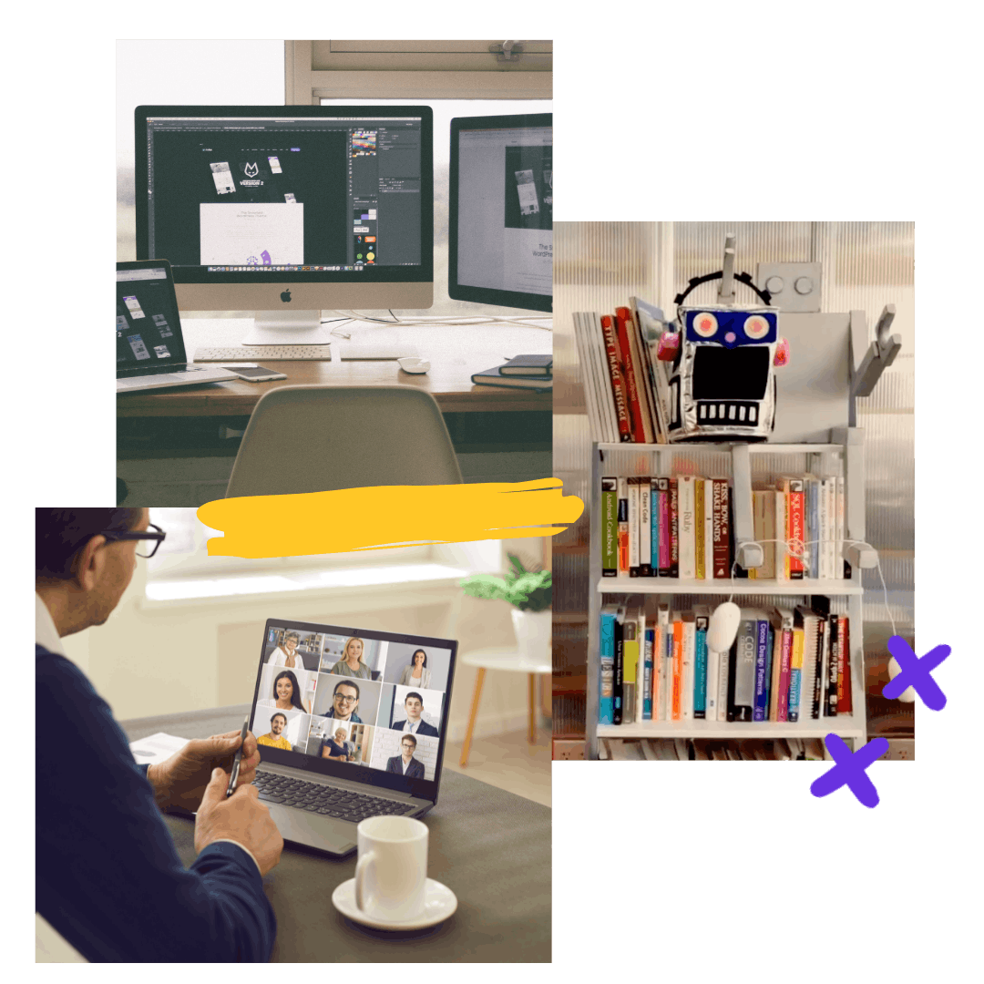 collage of 3 images: Computers on a desk, a bookshelf full of books with a robot on top, a person looking at a laptop with a video conference