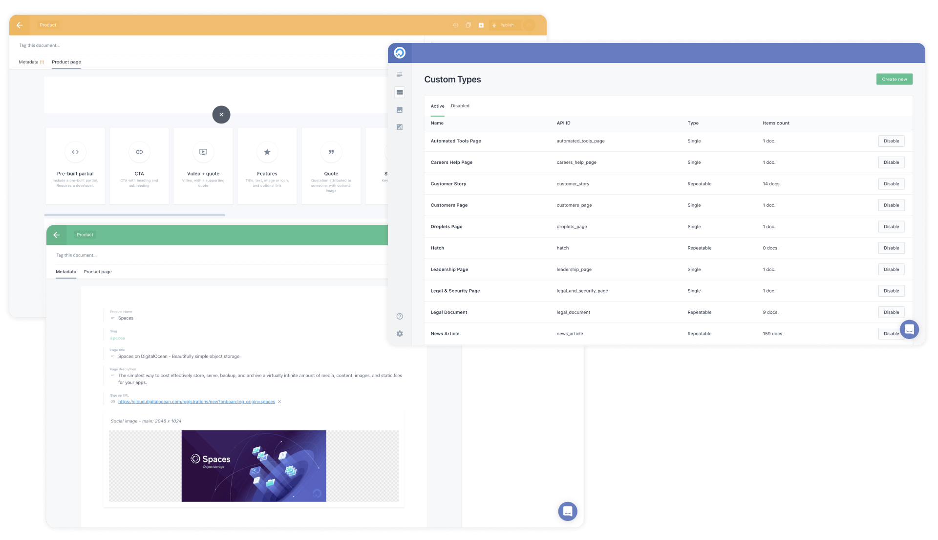 Three screens of the Prismic backend for DigitalOcean; choosing a new slice, a page in progress, the list of custom types