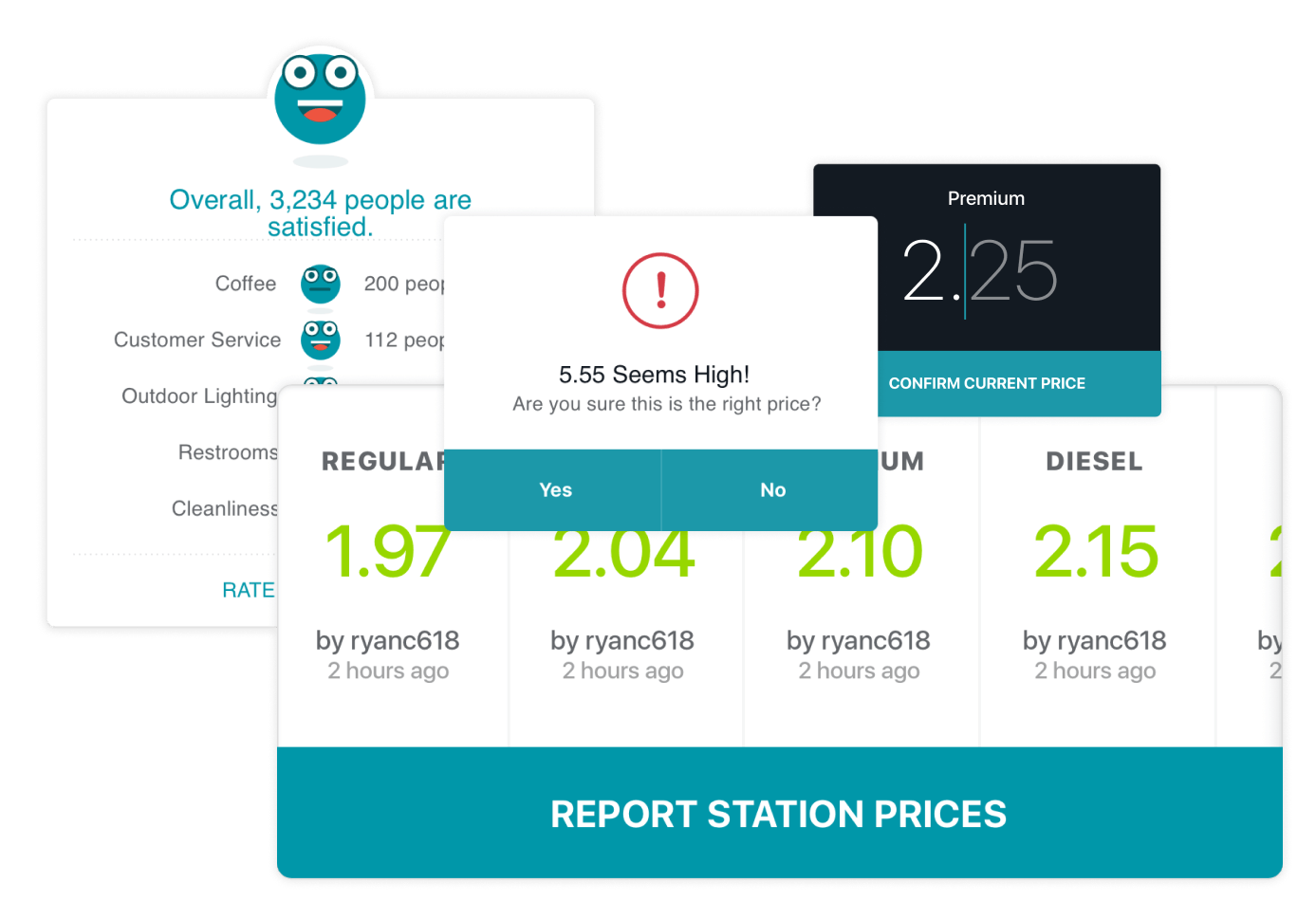 Various user interface elements from the Gasbuddy app