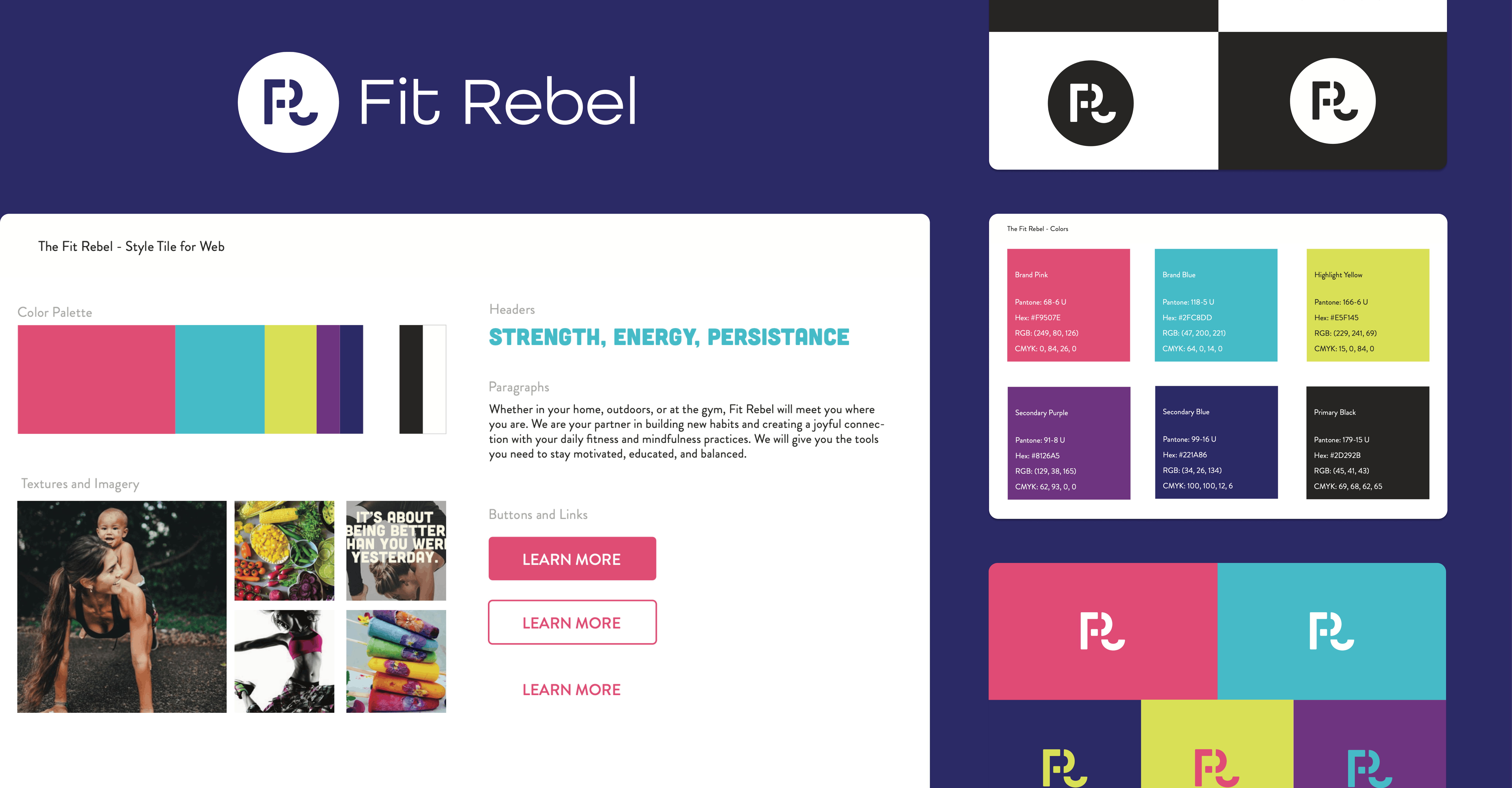 Brand elements organized for Fit Rebel like colors and logos