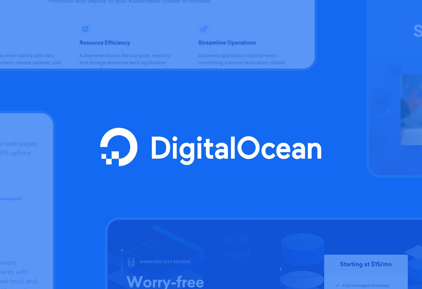 The Digital Ocean logo in the center of a blue background with faded out screenshots of the Digital Ocean product along the edges of the image